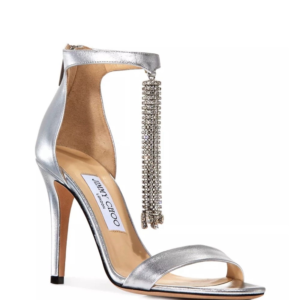 Jimmy Choo Metallic Silver Heels with Crystal Tassel